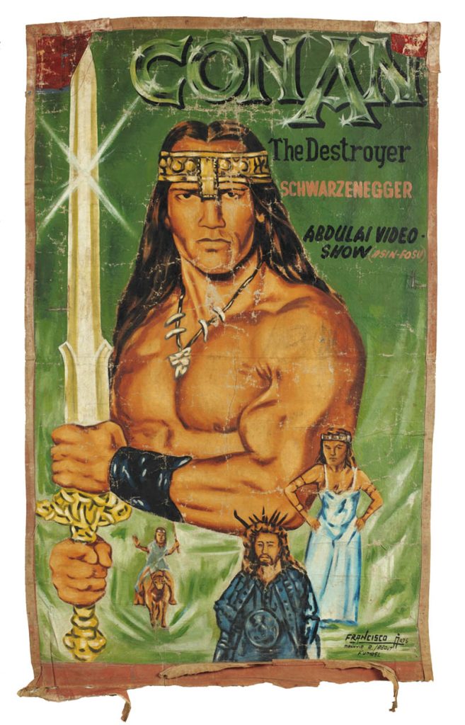 Painted poster of a topless muscular man holding a sword.