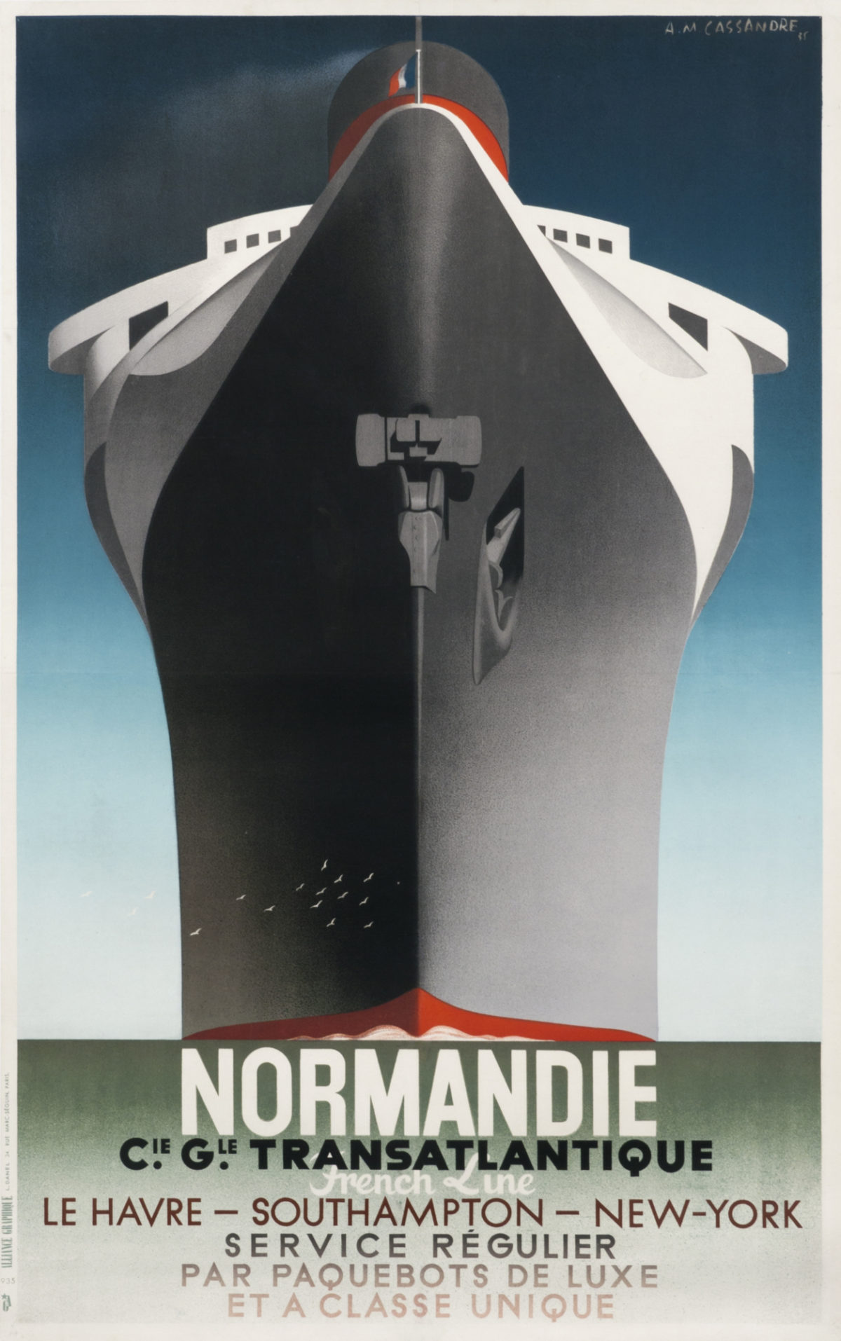 A poster of the front of a big, black and white cruise ship in a body of water.