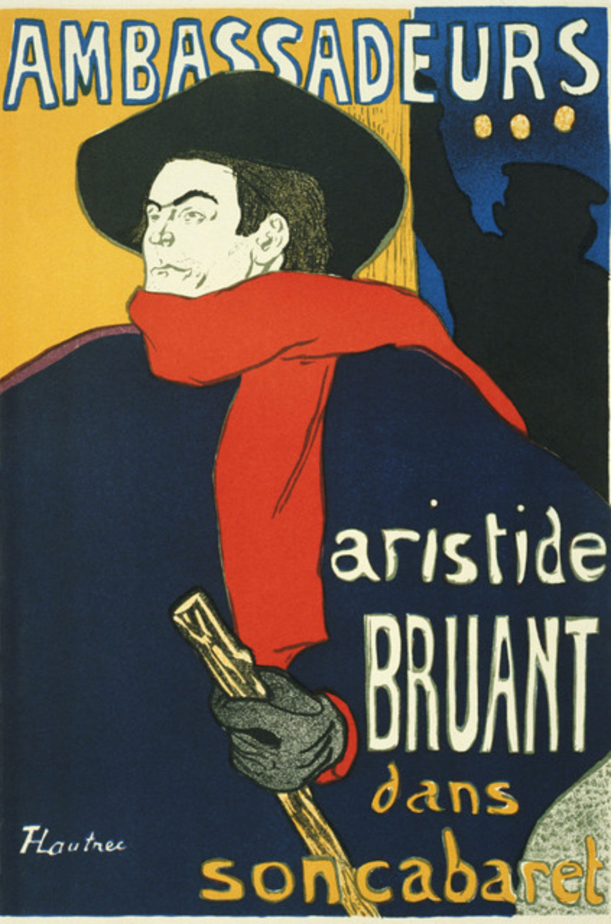 A poster of a person with a black beret and coat holding onto a stick as a shadows figure is behind him.