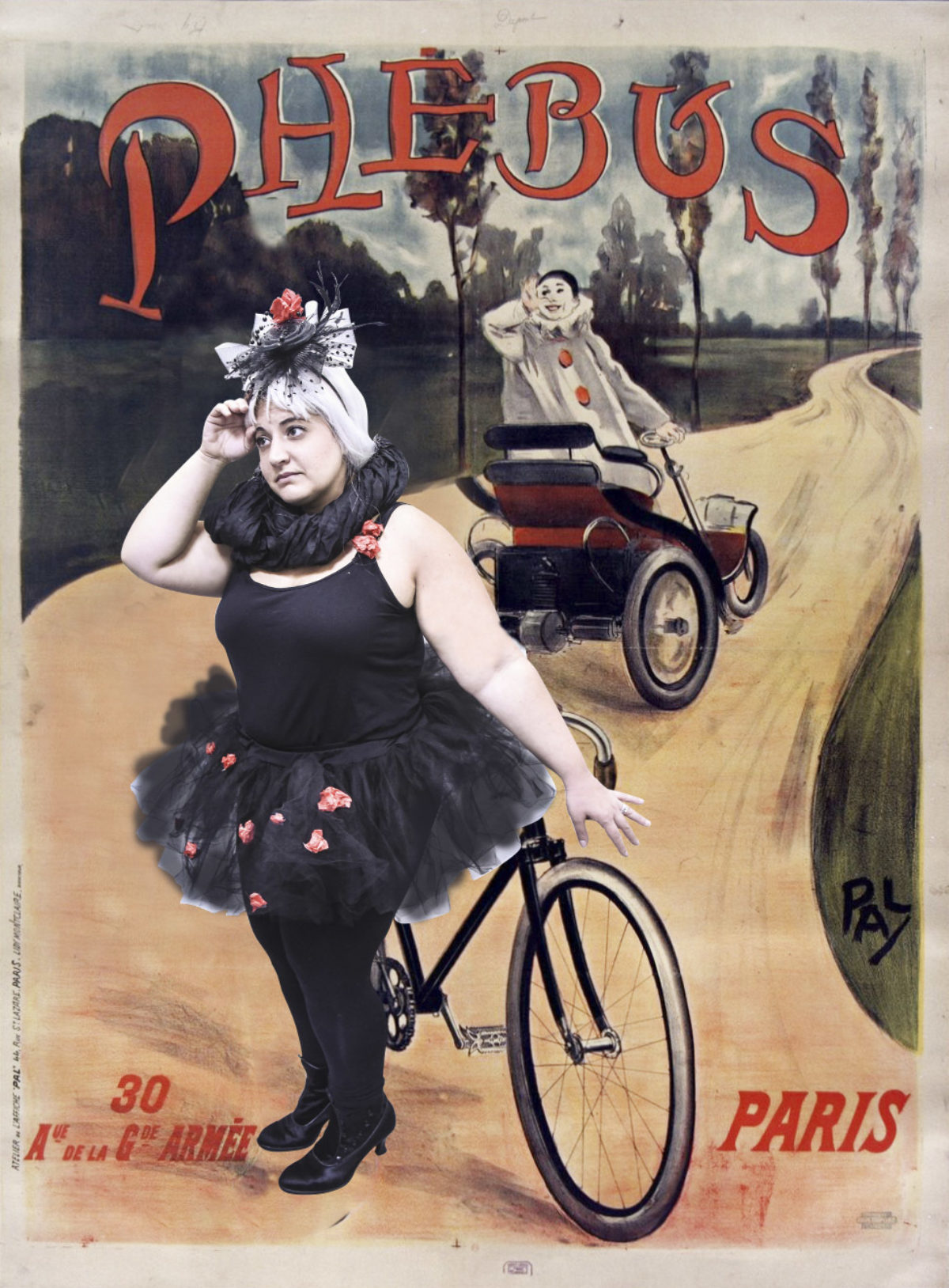 A woman in a black tutu is posing in a poster illustration filter of a clown in a small car.