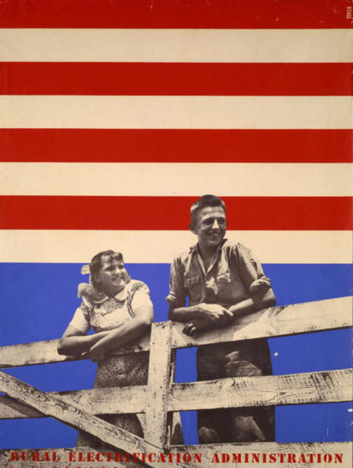 A collage poster of 2 people leaning on a fence with blue red and white stripes in the background.