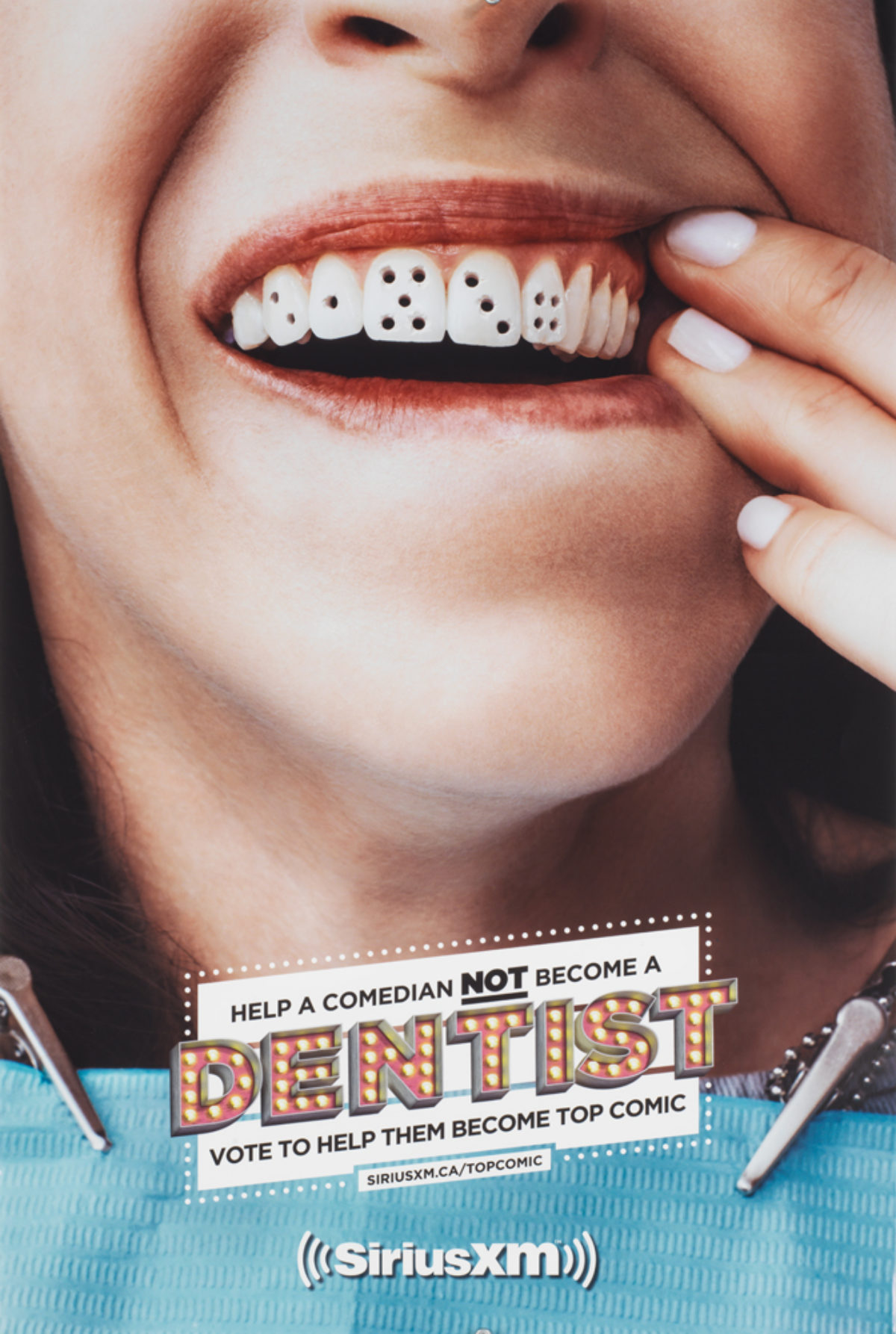 A poster of someone opening their mouth as 5 teeth have holes similar to spots on dice.