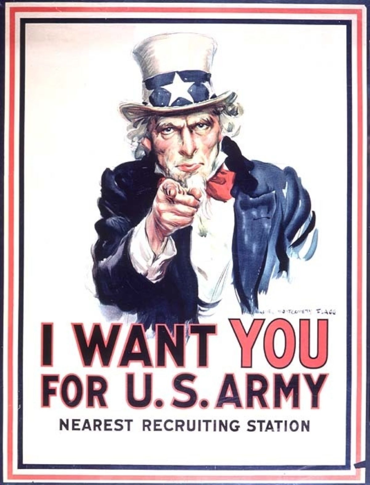 A poster of Uncle Sam in a white top hat and blue blazer as he points to the viewer.