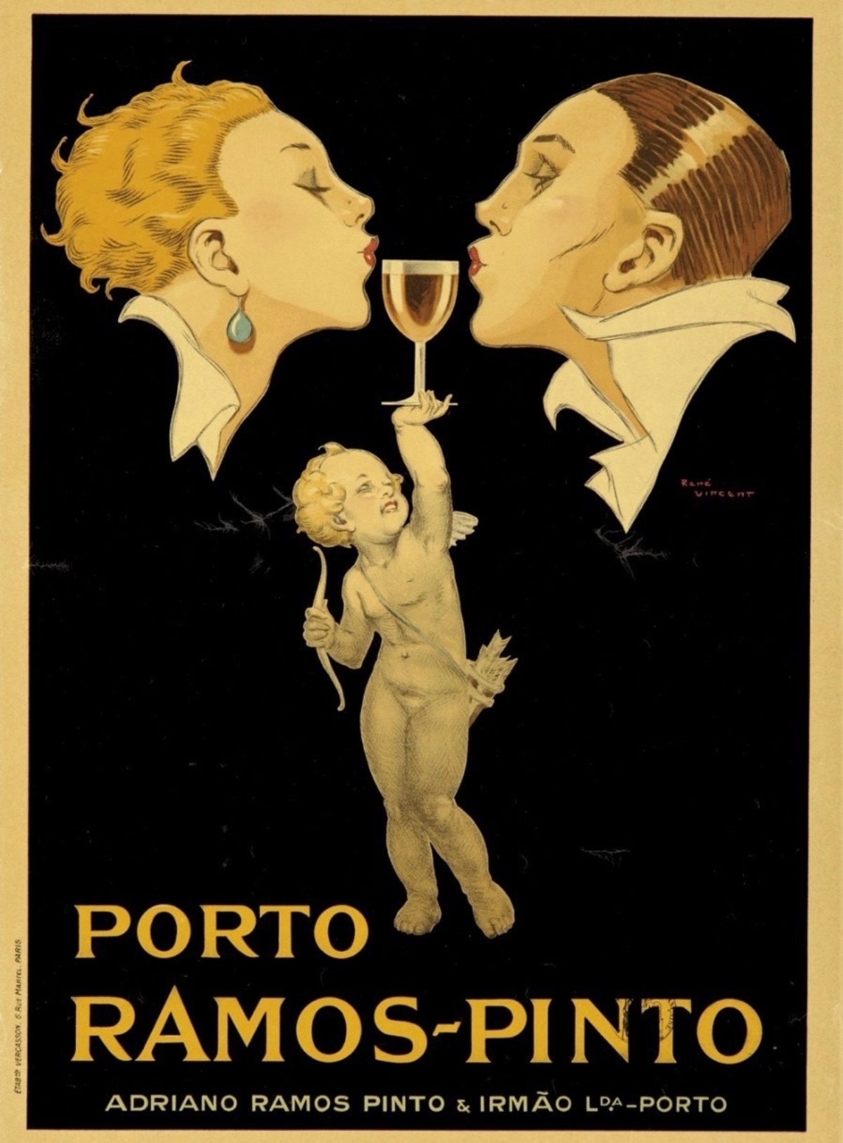 A poster of 2 profile figures that are pursing their lips towards a cup that a cherub statue is holding.