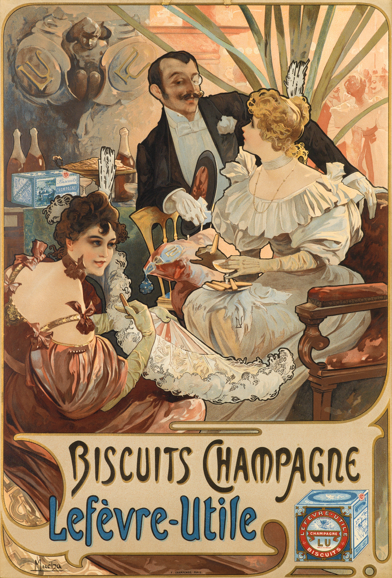 A poster of a tuxedo man approaching 2 woman in a party with champagne bottles behind them.