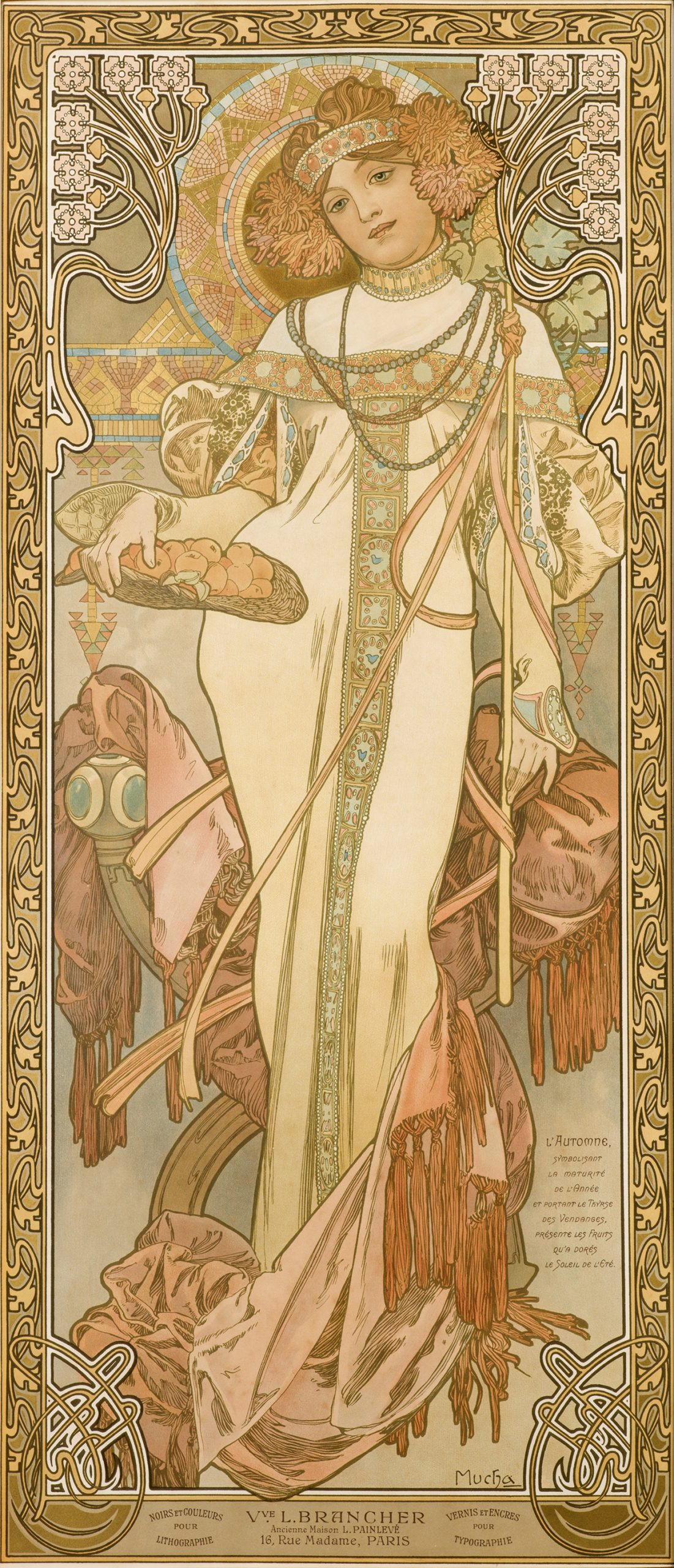 A poster of a person standing and holding a fruit basket as their jewelry matches the embroidered border.