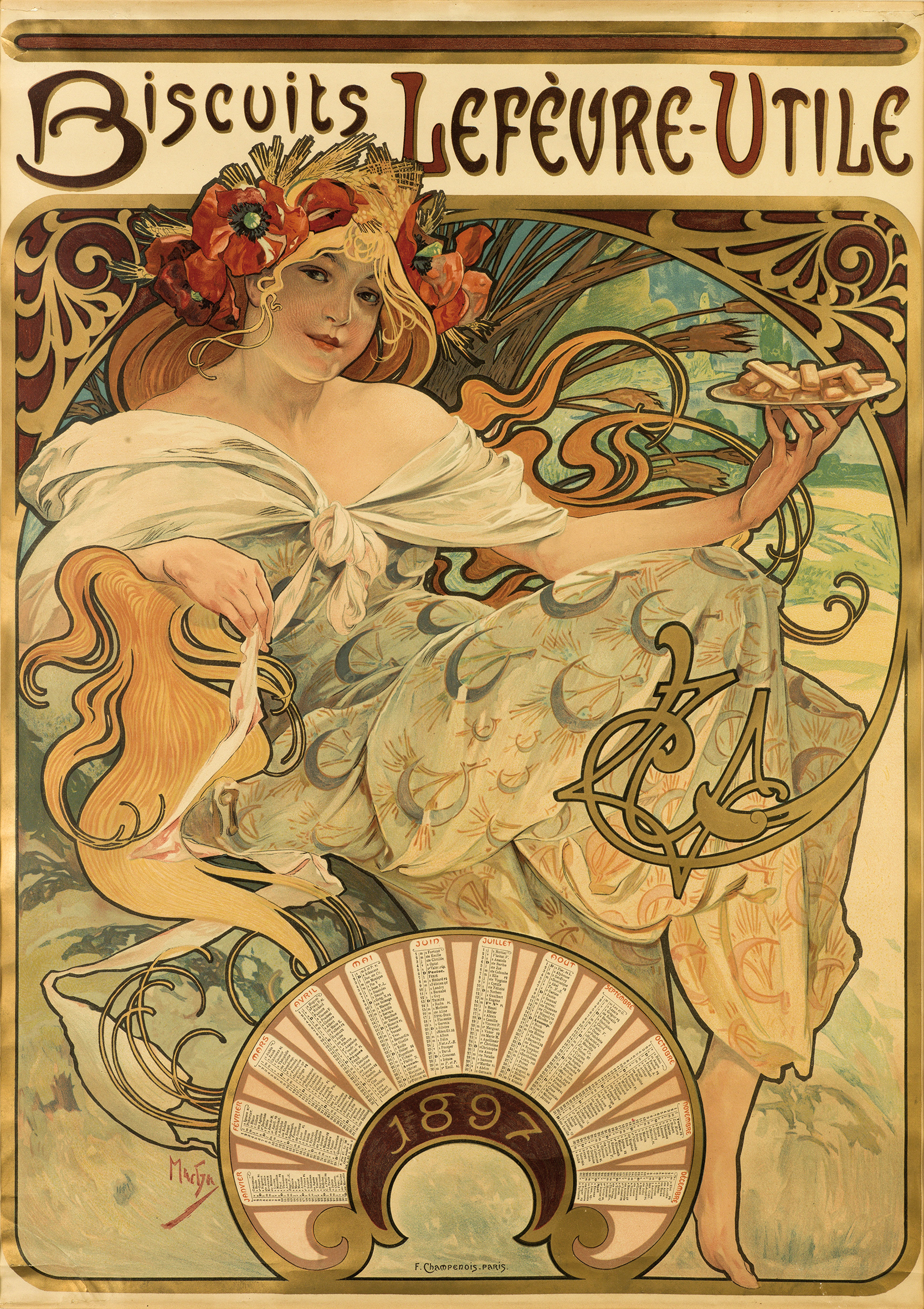 A poster of a female wearing a white dress and a floral headpiece while holding a plate of biscuits.