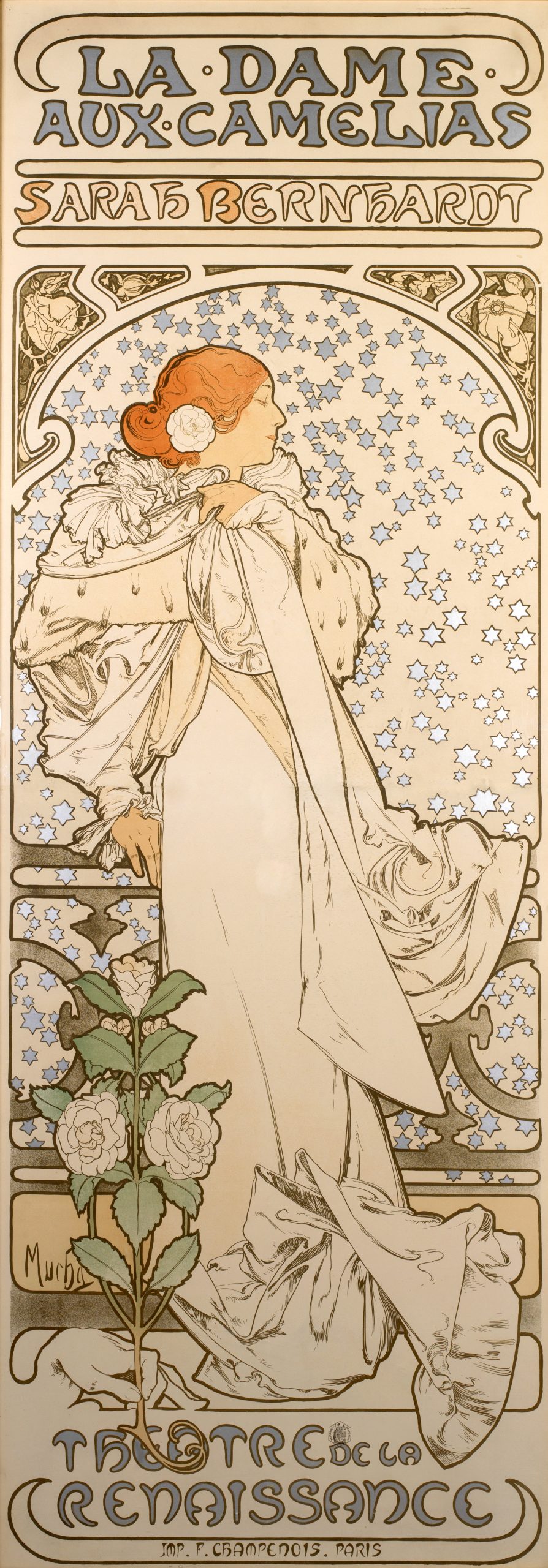 A poster of a female in white standing by a balcony with metallic snow falling behind her.