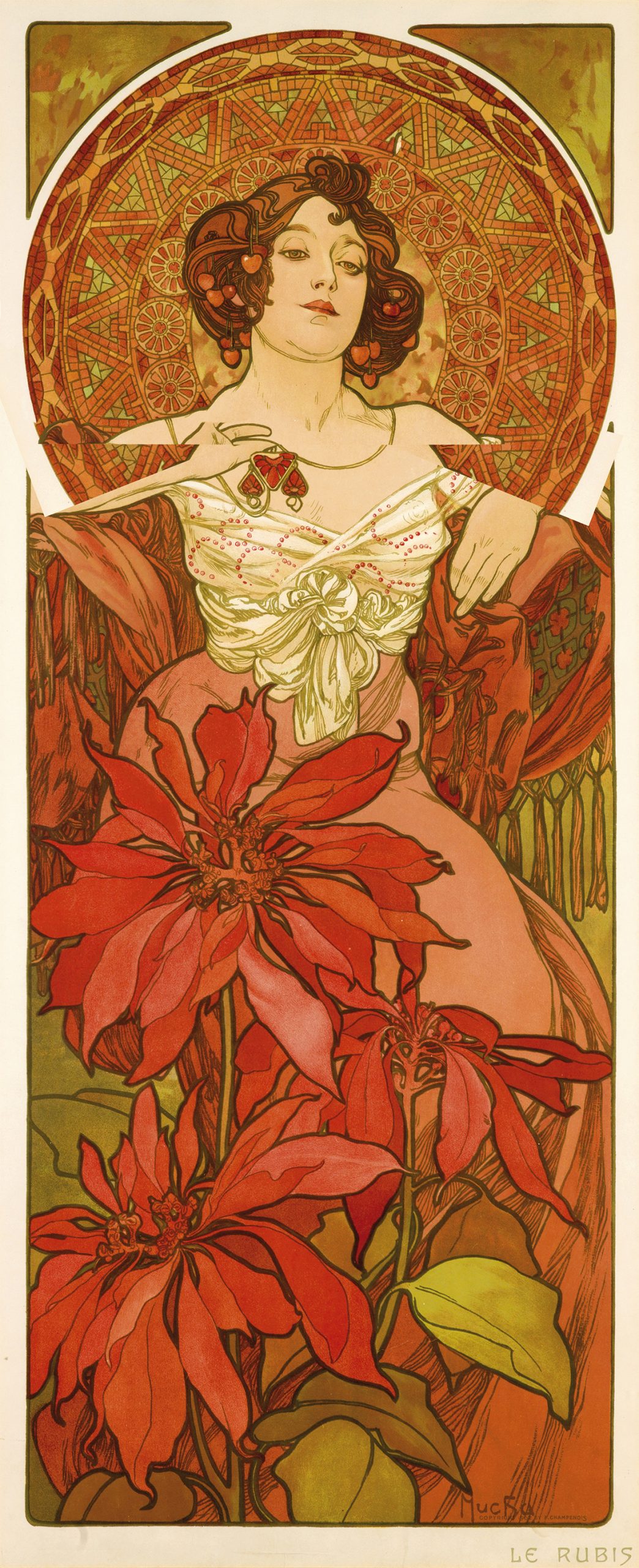 A poster of a woman in a cream and red dress with red halo behind her and red flowers overlaying her.