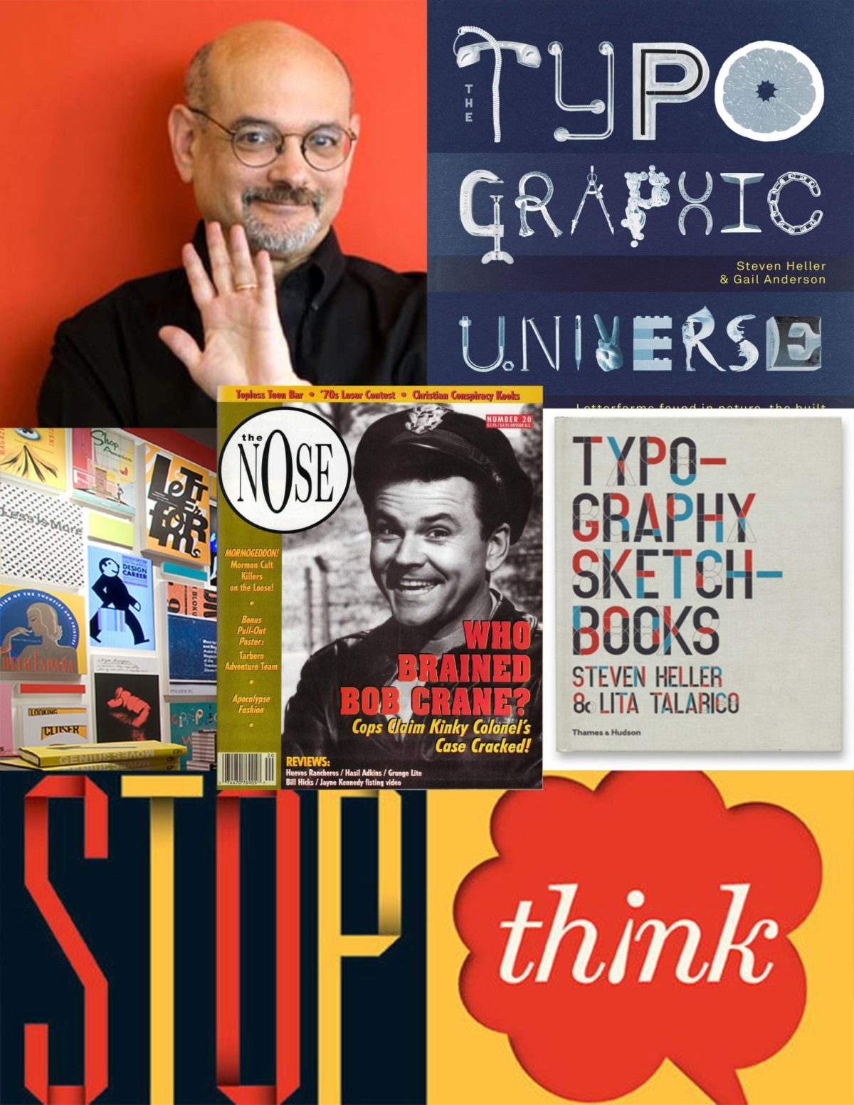 A text collage poster of a man with glasses at the corner and different book covers.