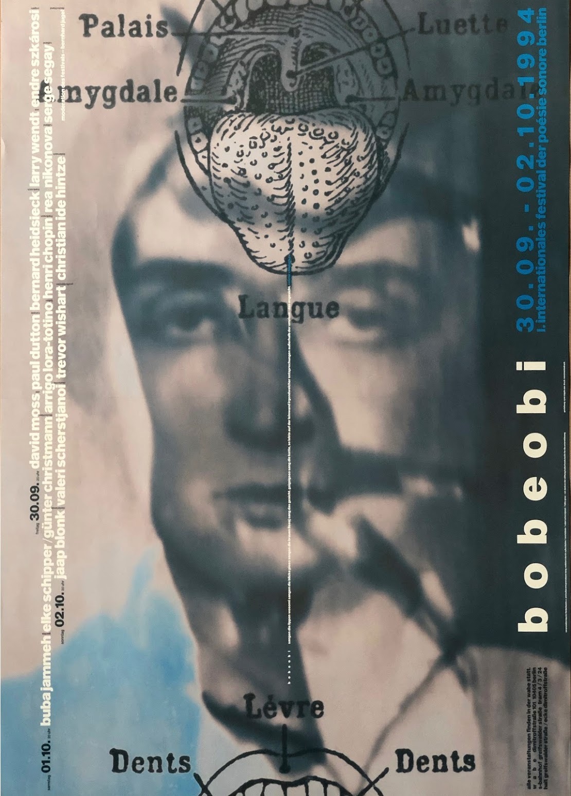 A collage poster of a gray and blue face with an overlay of a diagram of an open mouth.