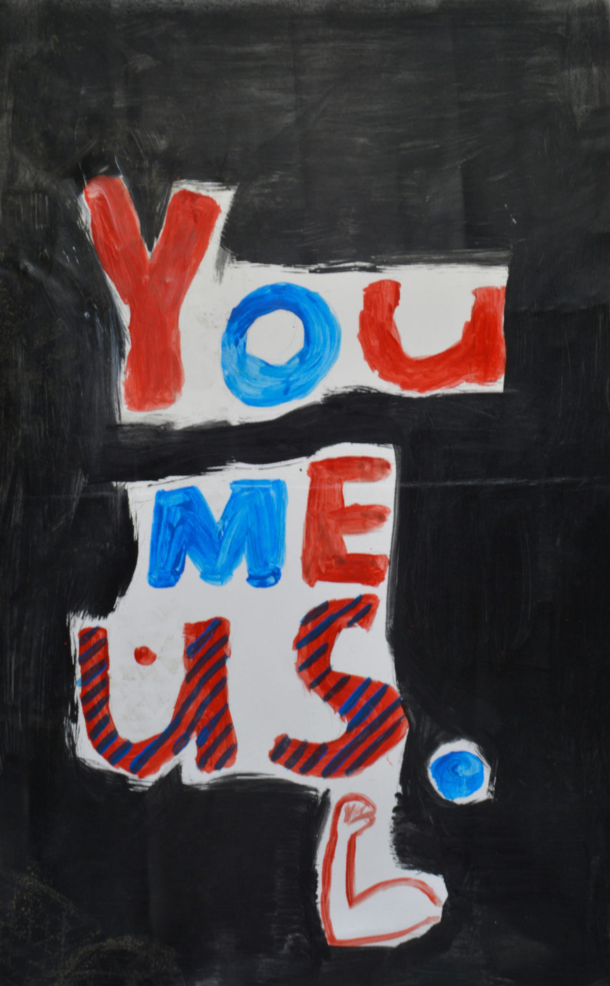 A black hand drawn poster of a flexing arm with a blue and red text of 