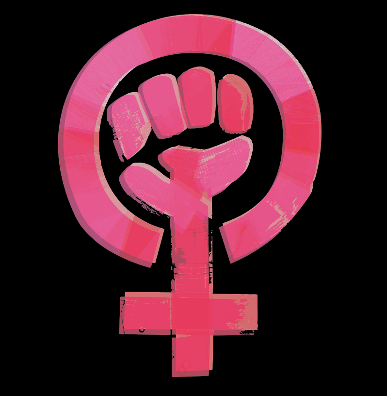 A black poster with a pink illustrational feminism symbol.