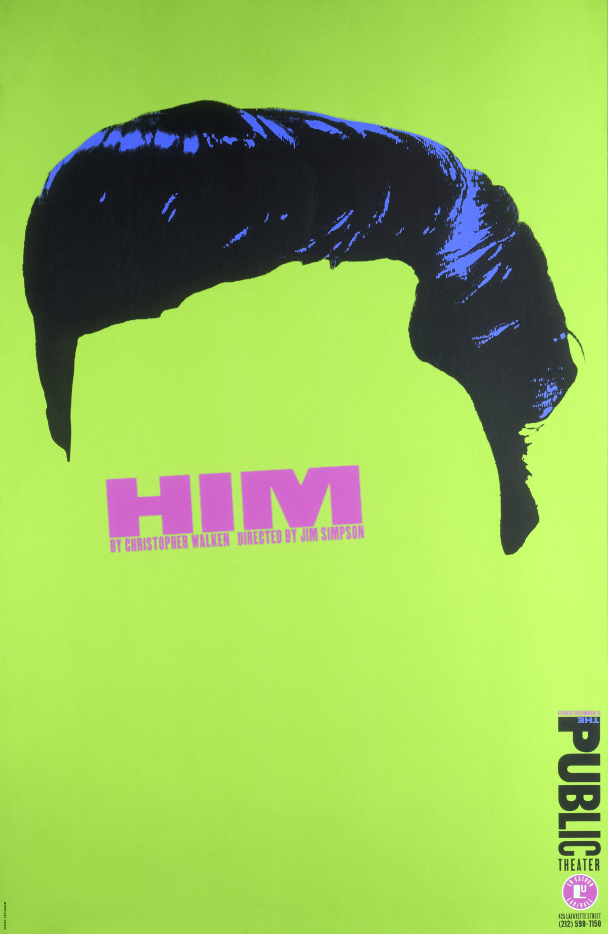 A neon green poster with an illustration of short navy blue hair and pink text.