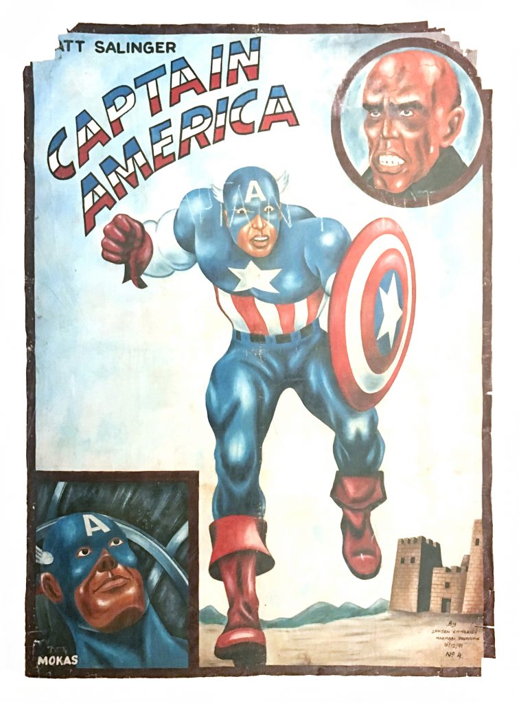A movie poster of a super hero with an American flag inspired uniform running from a castle.