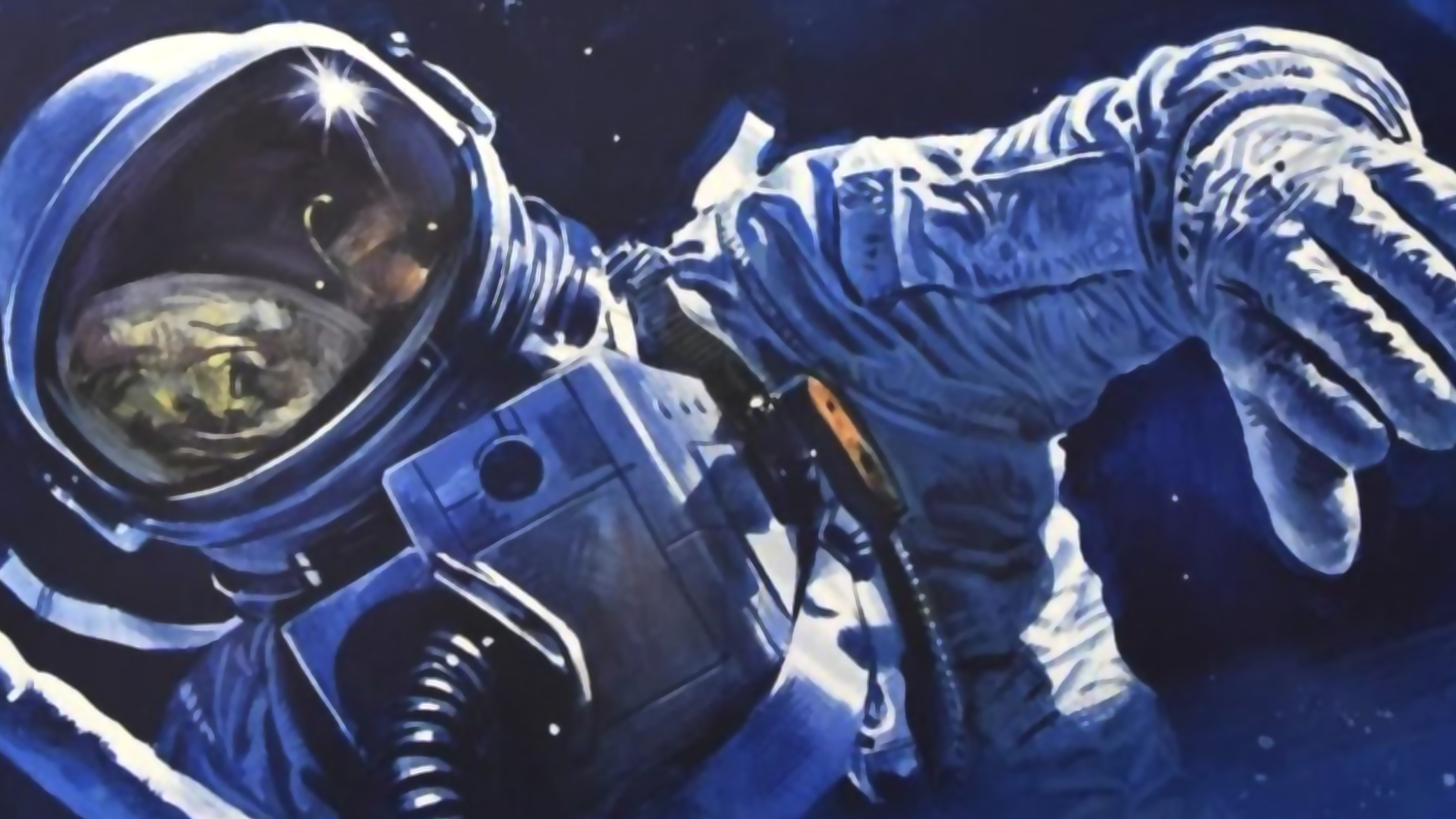 A close-up of an astronaut floating through space with one hand reaching out towards the foreground.