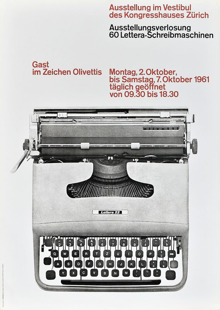 A photo offset poster of a birds eye view of a black and white typewriter with red and black text above it.