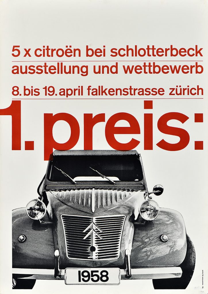 Photomontage poster of a black and white image of a vintage car and red text above it.
