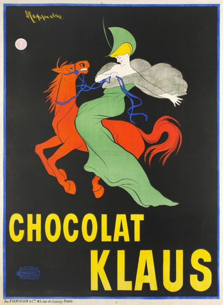 A black poster of an illustrative woman in a green dress riding a red horse.