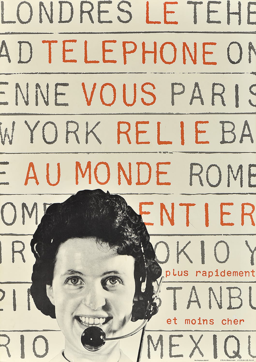 A poster of a young telephone operator smiling with text of various international destinations behind her.