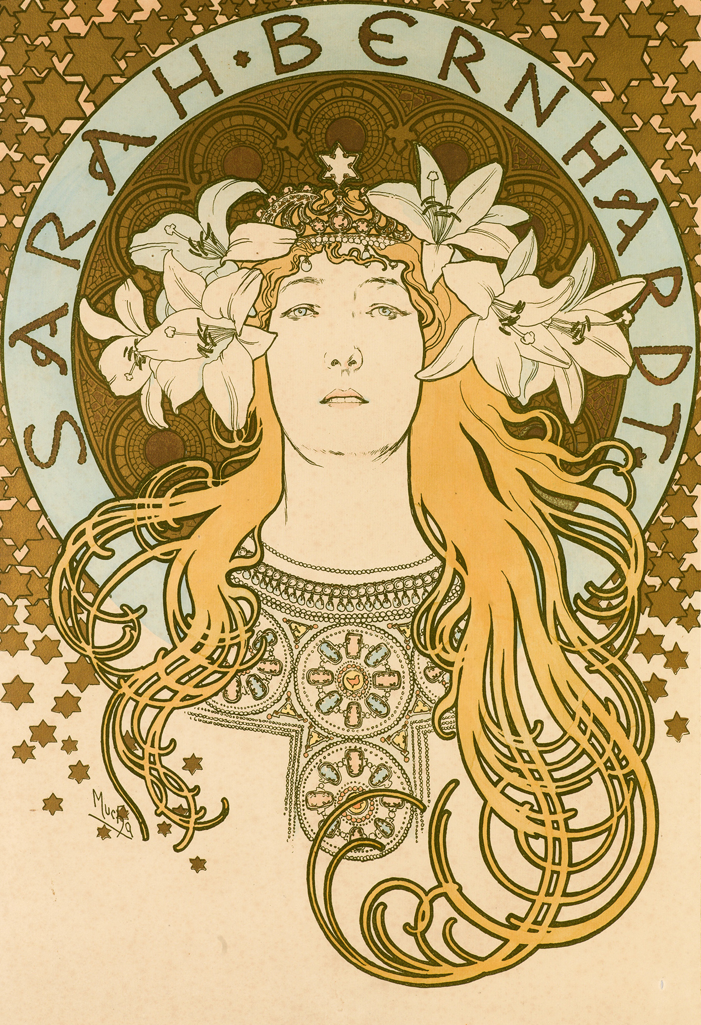 An illustrational poster of bronze stars surrounding the head of a woman with long hair and flowers.