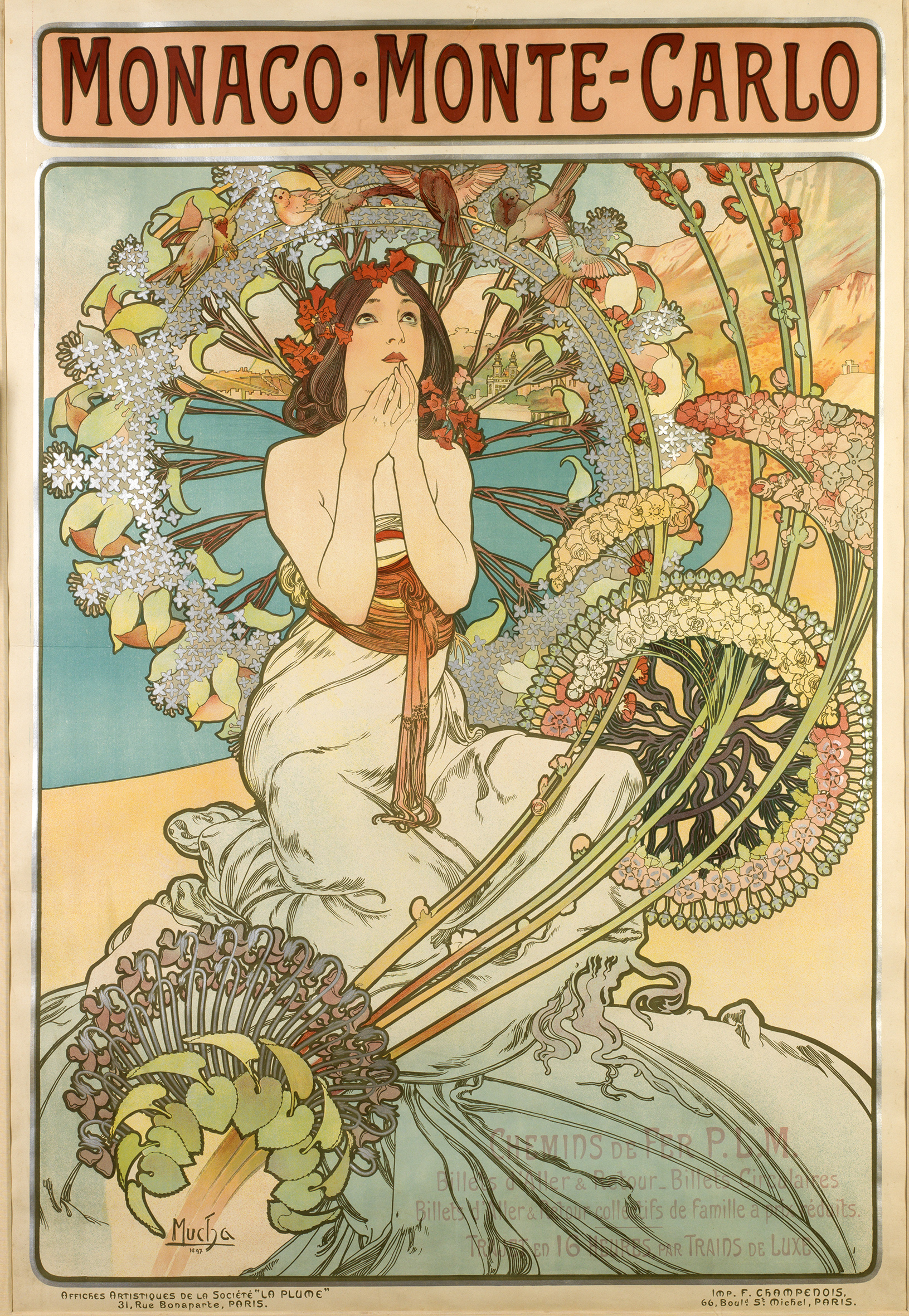 An illustrational poster of a woman with many flowers surrounding her kneeling on a beach.