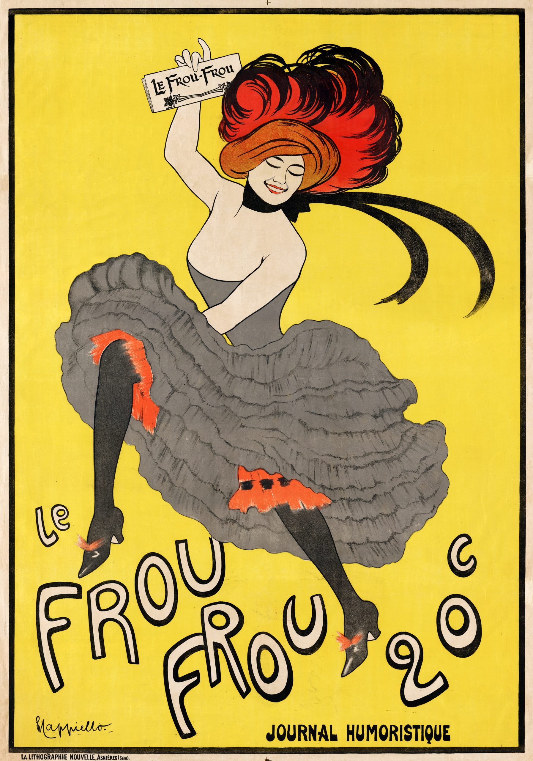 illustrational poster of a woman with red hair in a grey dress dancing against a yellow background