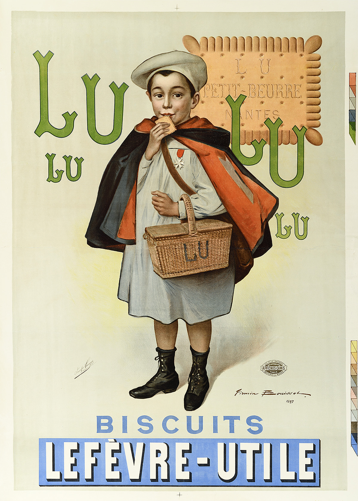 illustrational poster of a schoolboy holding a basket and eating a biscuit