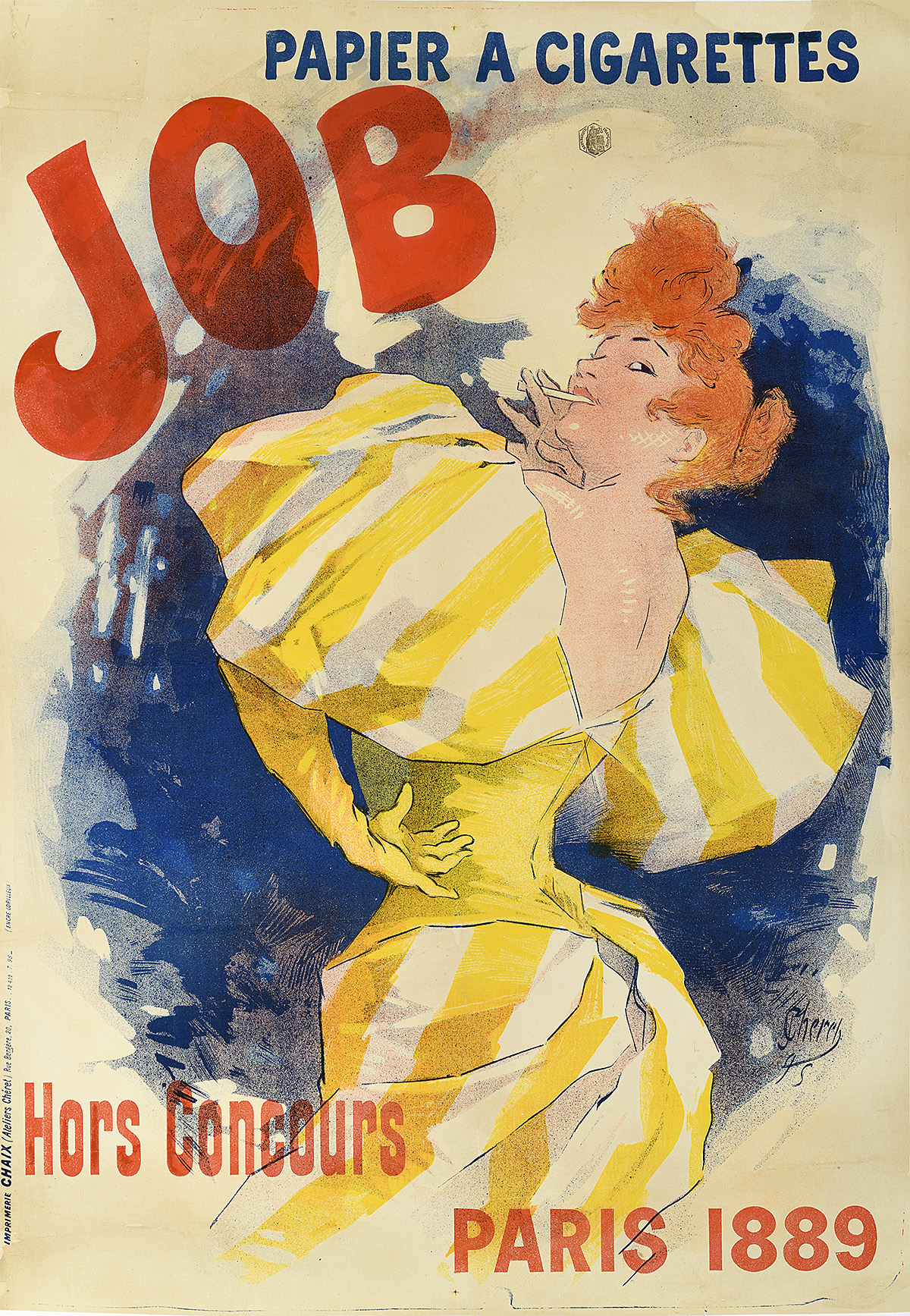 illustrational poster of a woman with red hair in a yellow dress looking over her shoulder as she smokes a cigarette