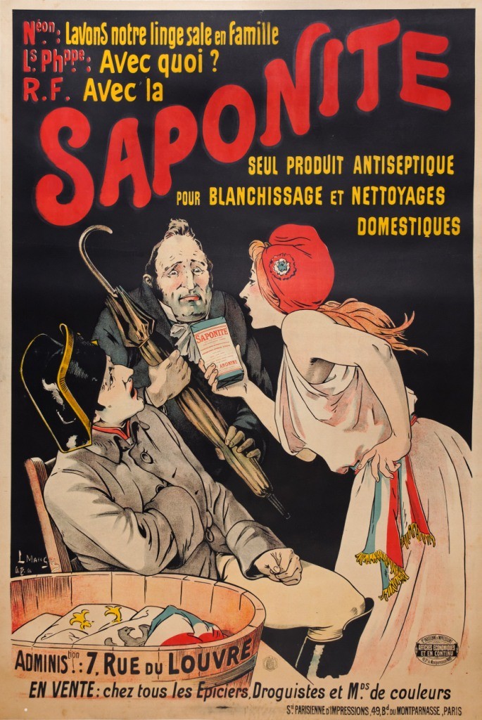 illustrational poster of a woman holding a small box up to a man's face