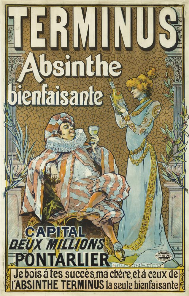 illustrational poster of an elegantly dressed man and woman having a bottle of absinthe