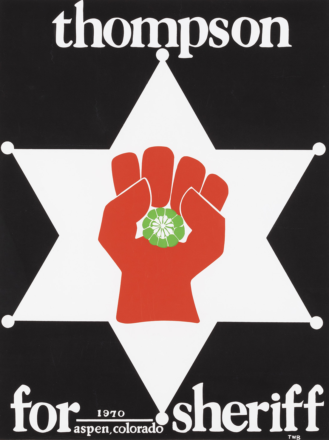 A poster showing a white sheriff star on a black background. Inside the star is a red fist with two thumbs holding a Peyote flower.
