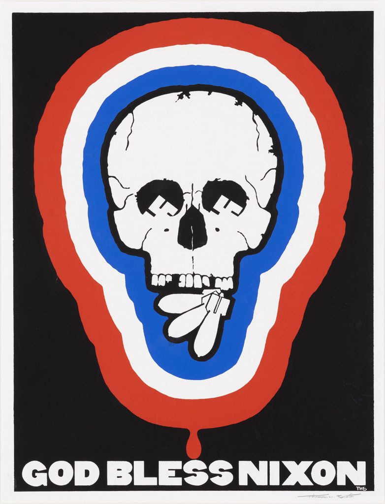 A silkscreen poster of a skull surrounded by red white and blue stripes