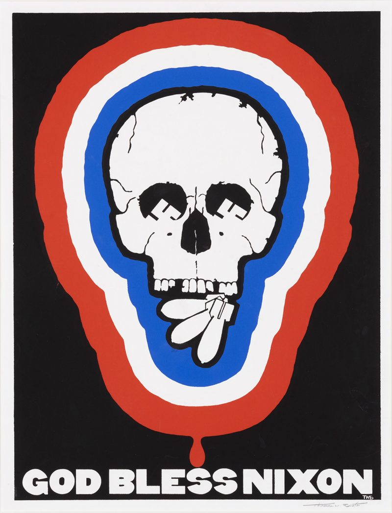 silkscreen poster of a skull surrounded by red white and blue stripes