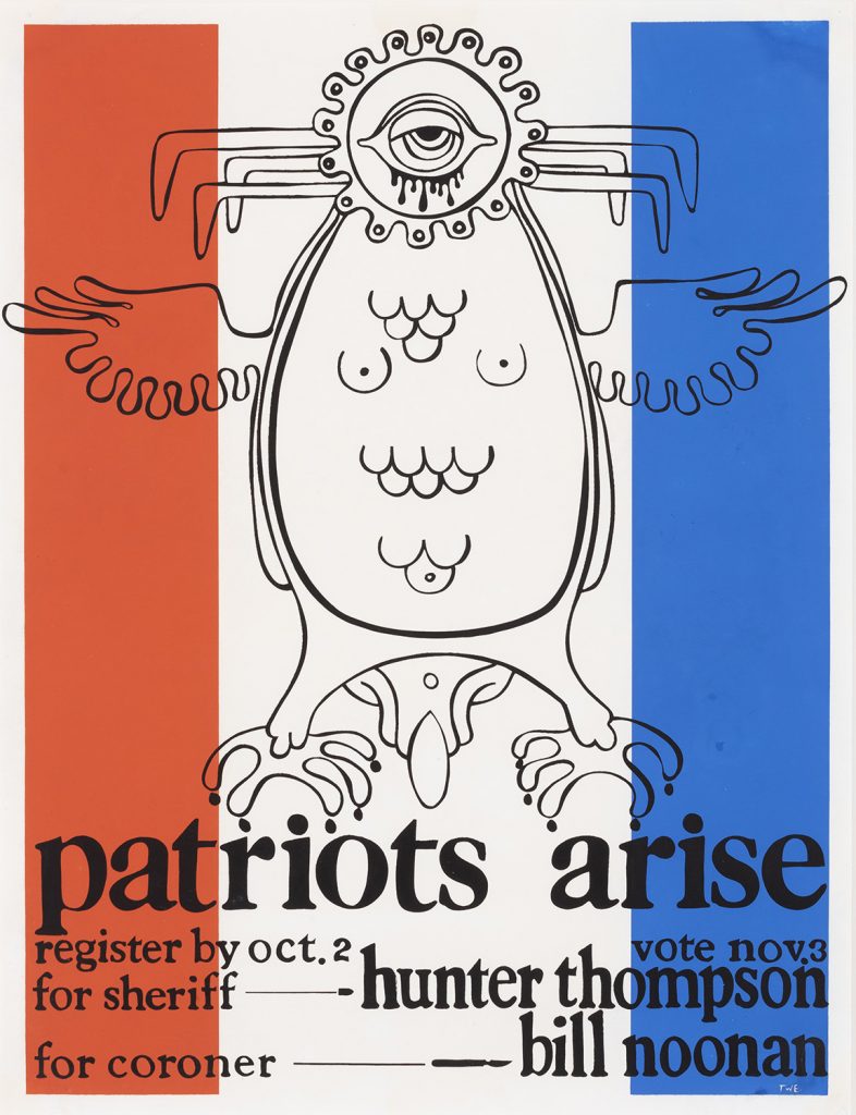A silkscreen poster of a bird monster on top of red white and blue stripes.