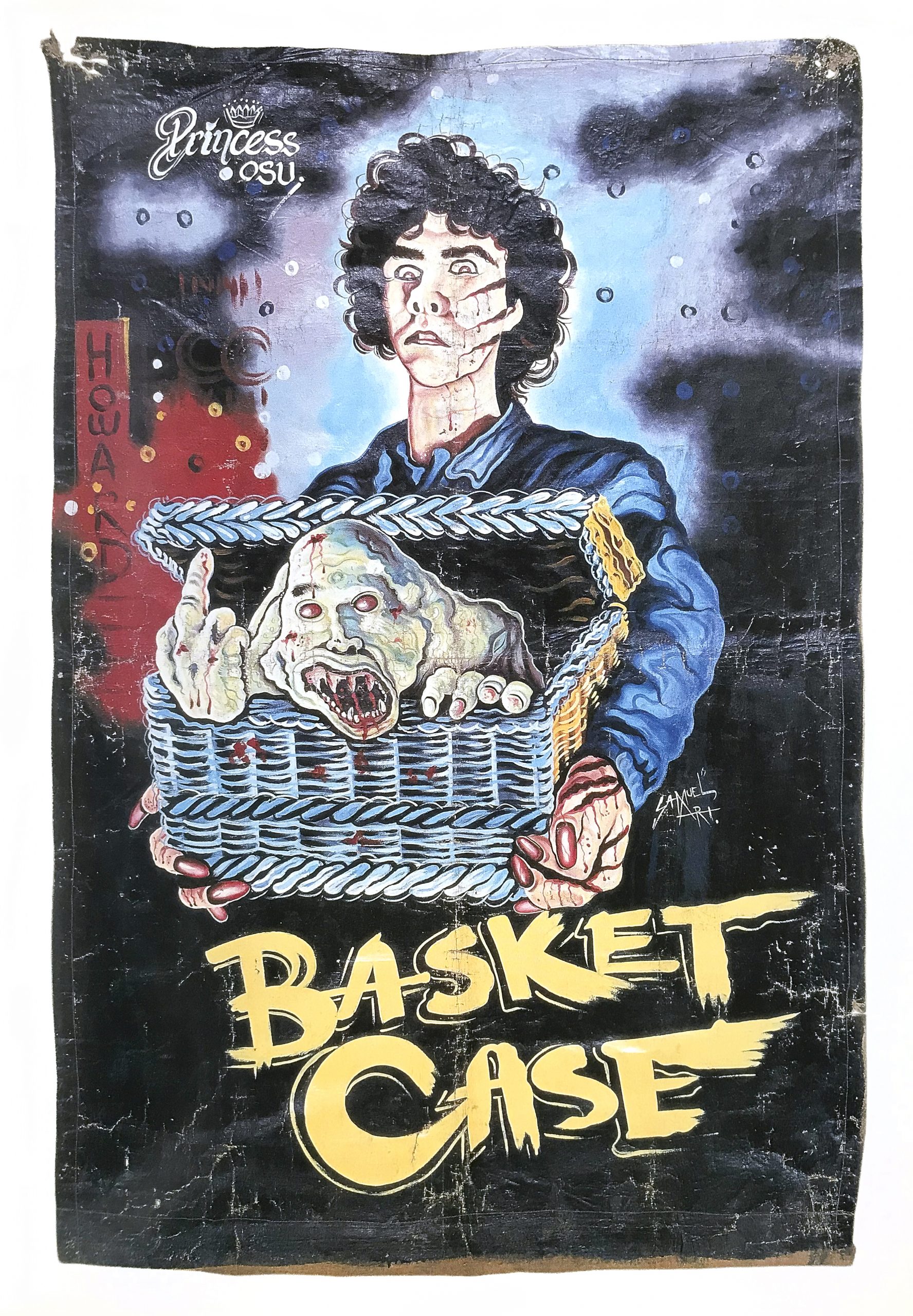 hand-painted poster of a man with short curly hair holding a chest with a creature inside