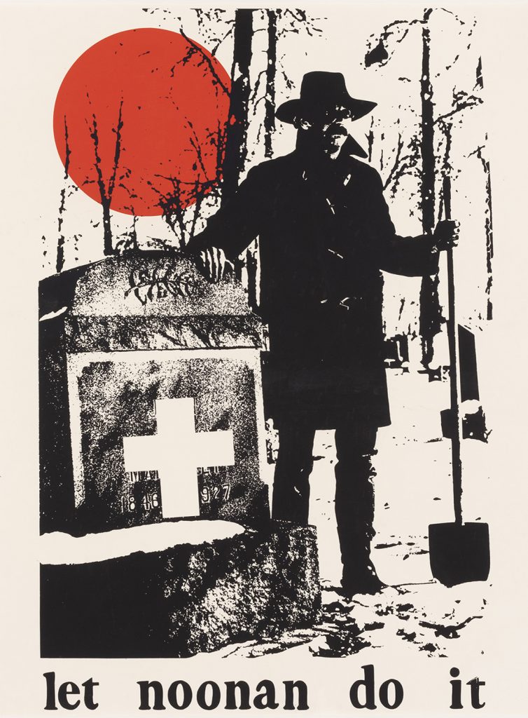 silkscreen poster of a man with a shovel walking along a street. a red circle is in the upper left.
