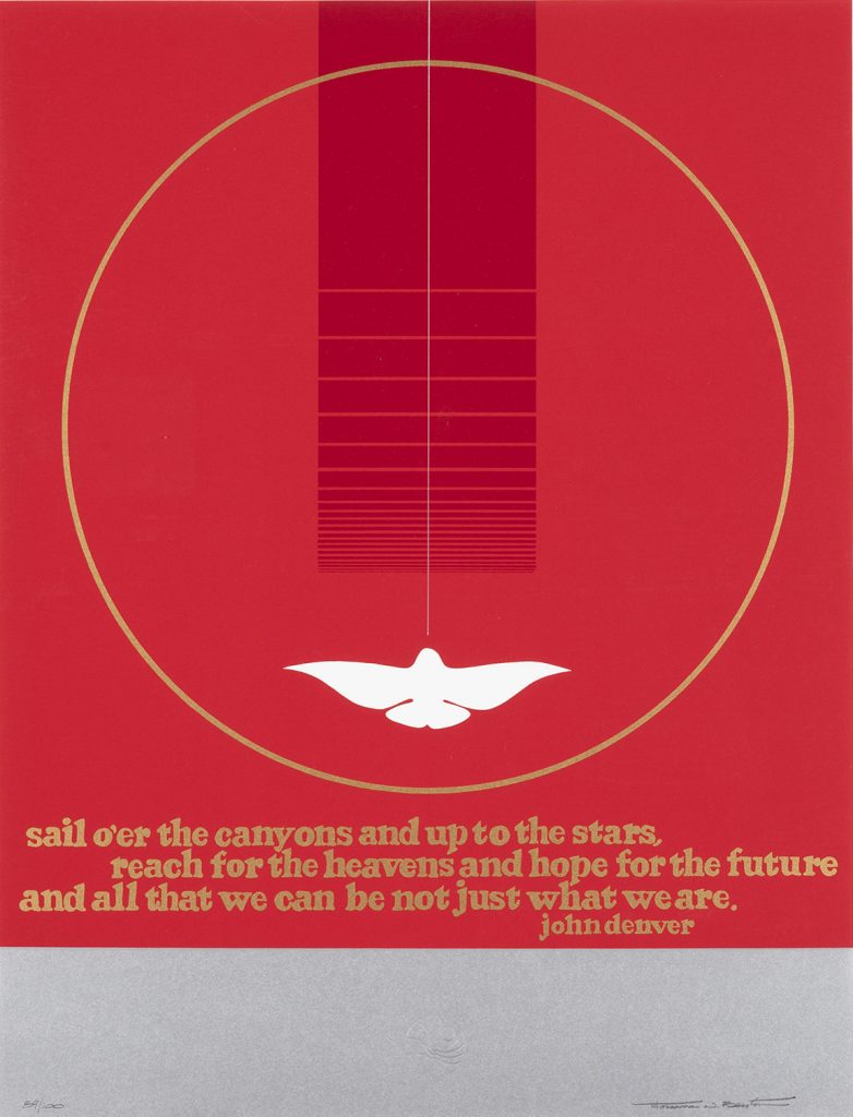 A silkscreen poster of a red background with a skinny white circle outline. inside the circle a dove flies upward toward a darker red stripe