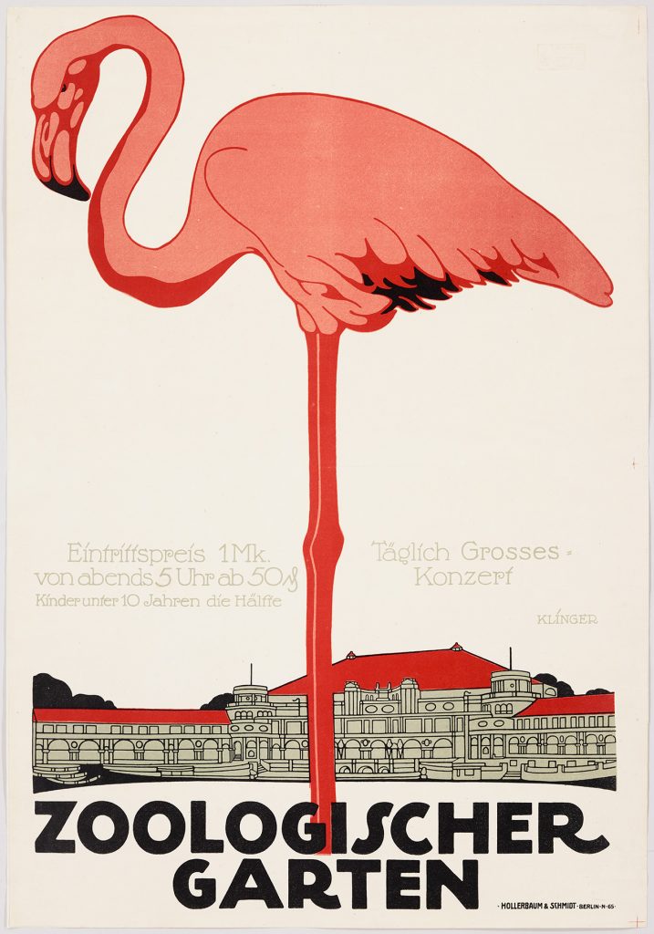 lithographic poster of a giant pink flamingo with a small governmental building on the horizon
