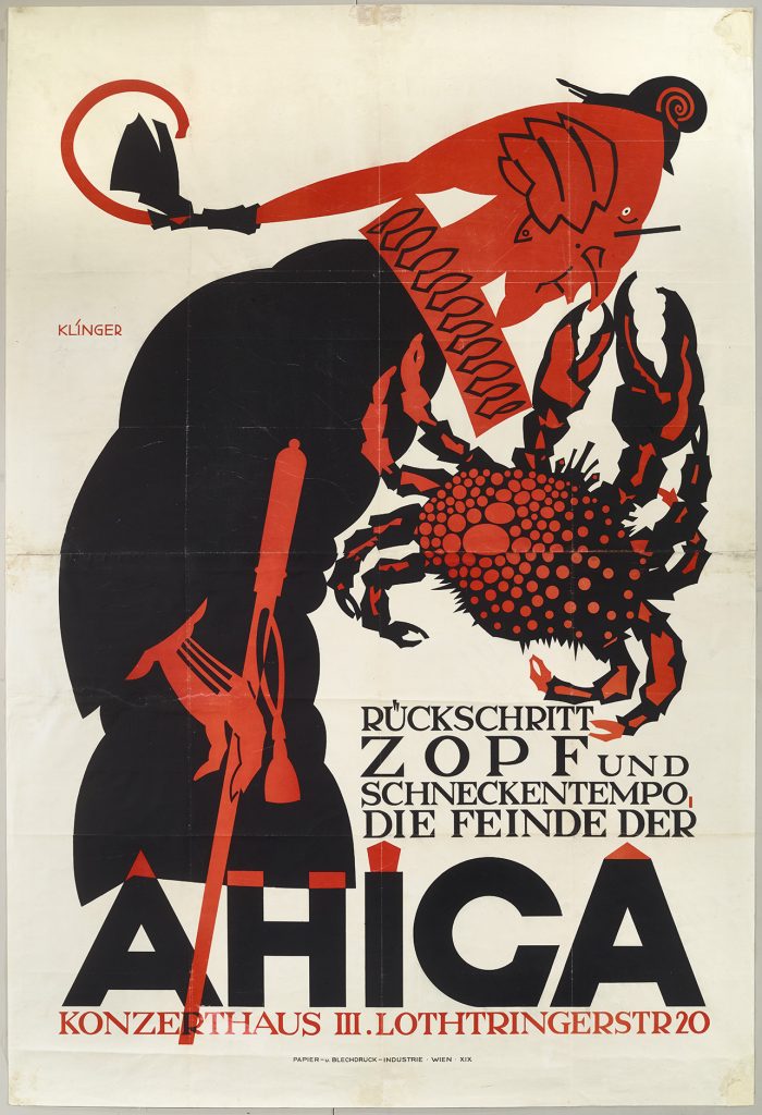 lithographic poster of a red faced judge in full regalia getting his nose pinched by a giant red crab