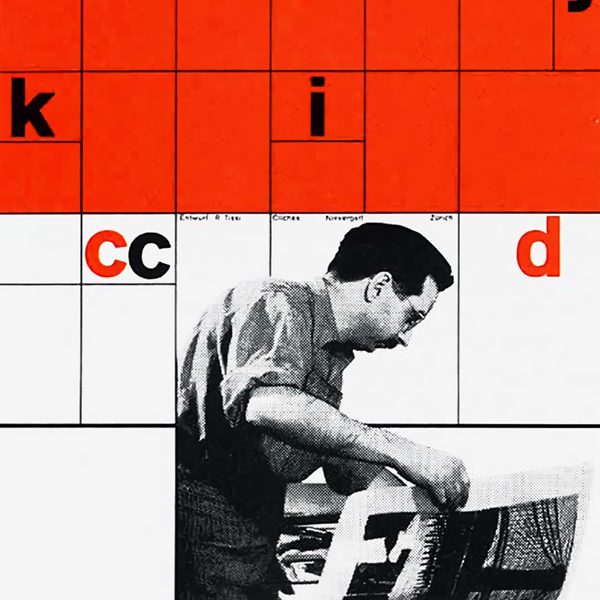 A poster of man looking through posters, over a red and white grid.