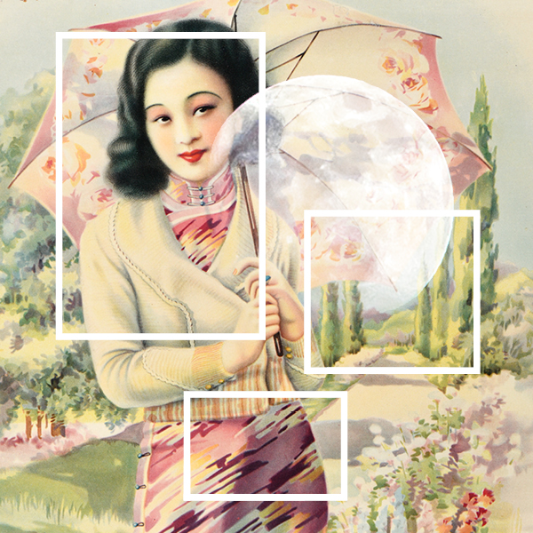 Poster of a woman holding a sun umbrella in park with trees behind her and a moon and squares imposed on the image in white