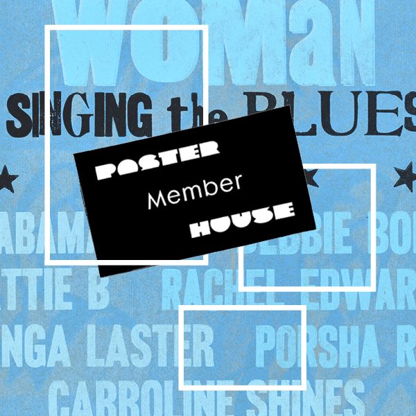 Text graphic featuring light blue woodblock lettering on a slightly darker hued background. Over the image are three white rectangle outlines. The central image is a black Poster House membership card.