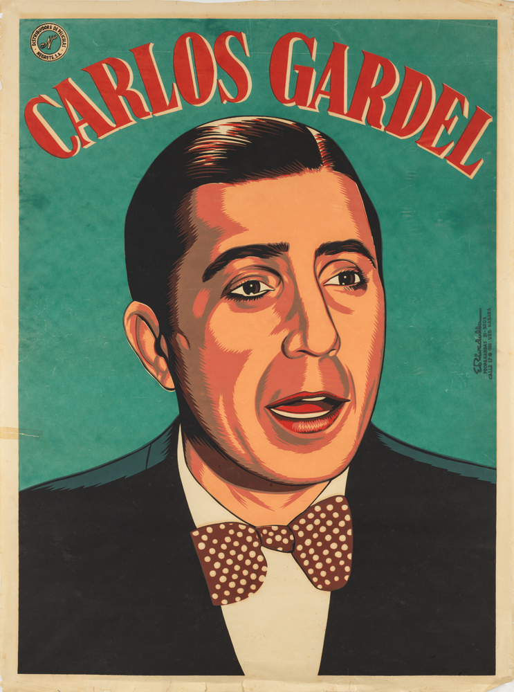 illustrational poster of a man with a hair part wearing a suit and bowtie and his mouth open in mid-speech