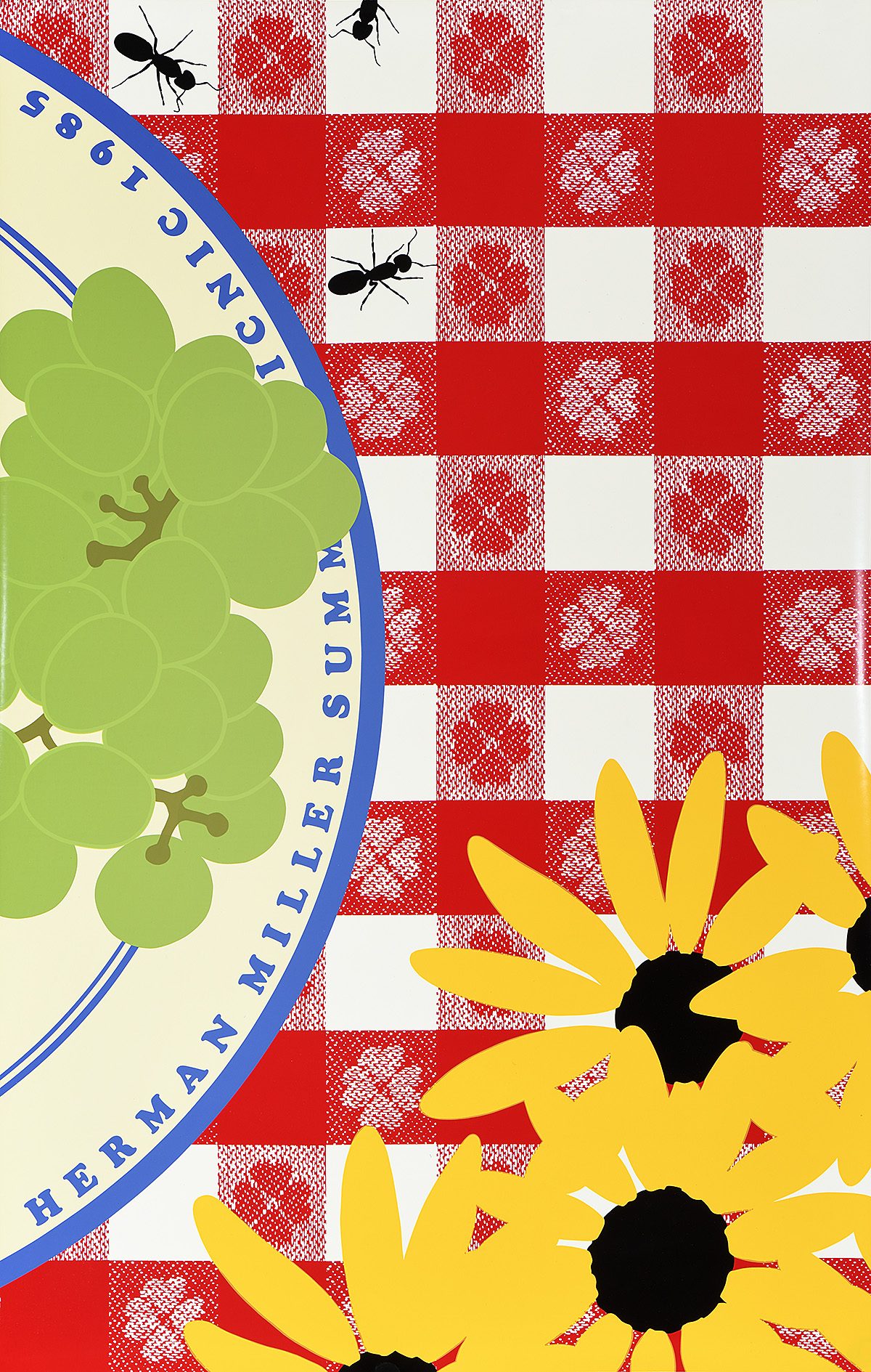 illustrational poster of a plate of grapes, bunch of sunflowers, and crawling ants on top a table with a plaid tablecloth