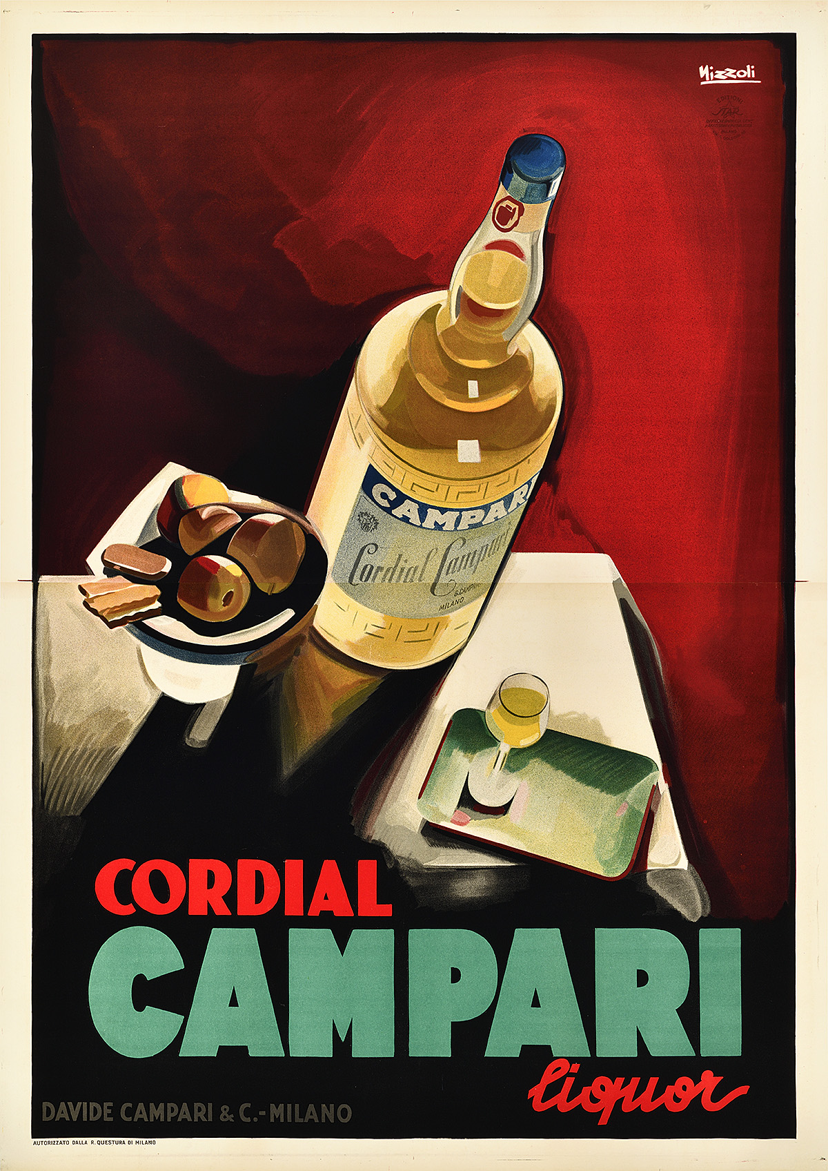 illustrational poster of an overhead view of a bottle of Campari, a wine glass, and a small plate of appetizers