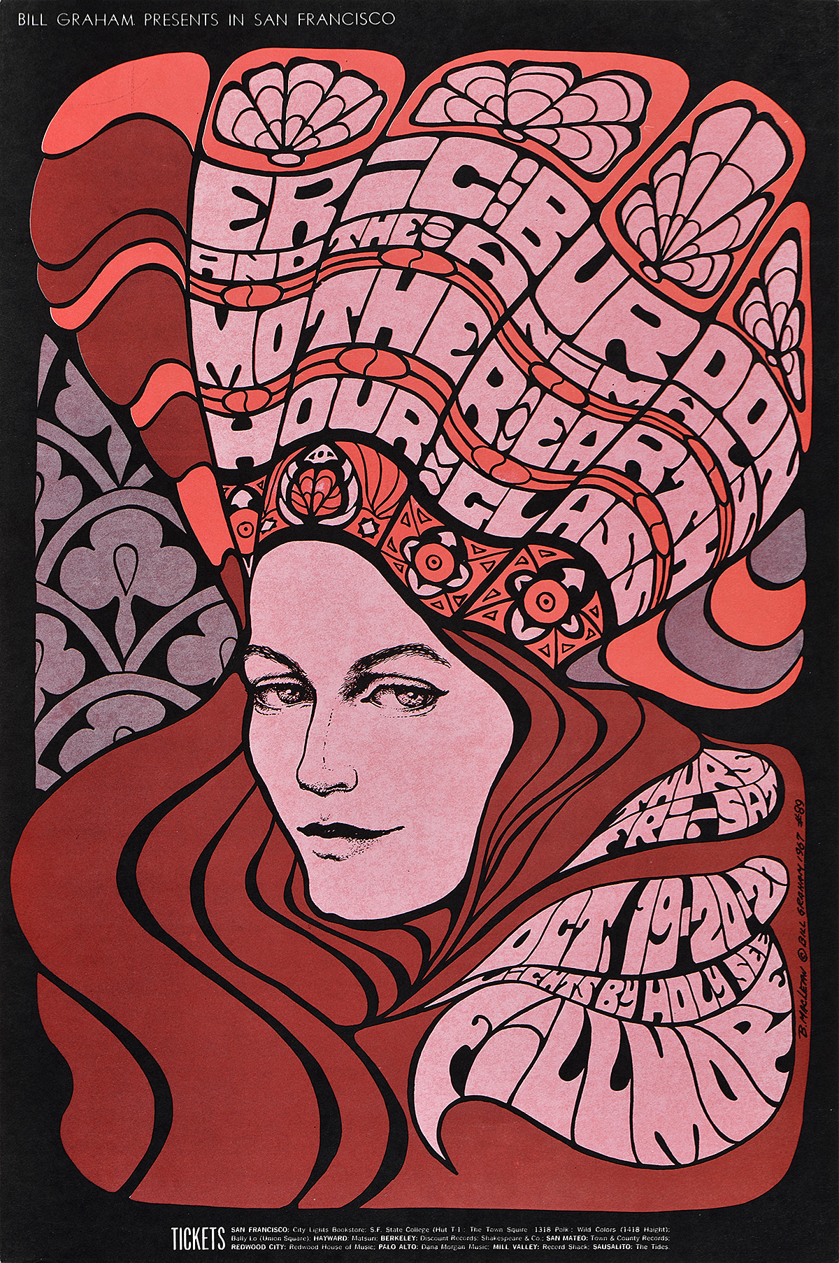 illustrational psychedelic inspired poster of a woman with flowing hair and an oversized crown filled with words