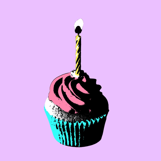 Animation featuring a cupcake with a flickering candle on a purple background.