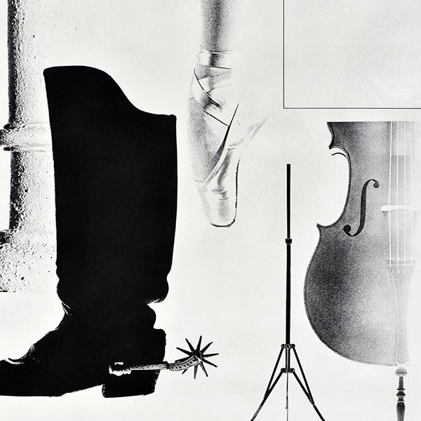 A black and white poster featuring a ballet shoe, cello, cowboy boot, and music stand.