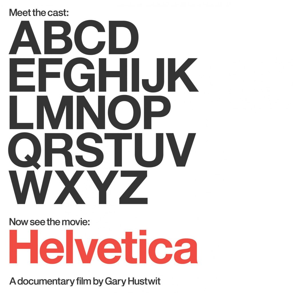 A type-based graphic with black and red lettering promoting the Helvetica documentary film.